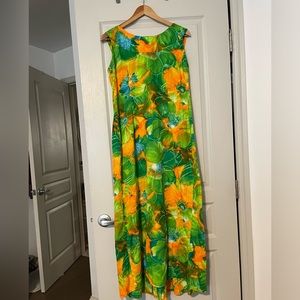 Vintage 70s Hawaiian maxi dress with pleated waterfall back - Sz 14